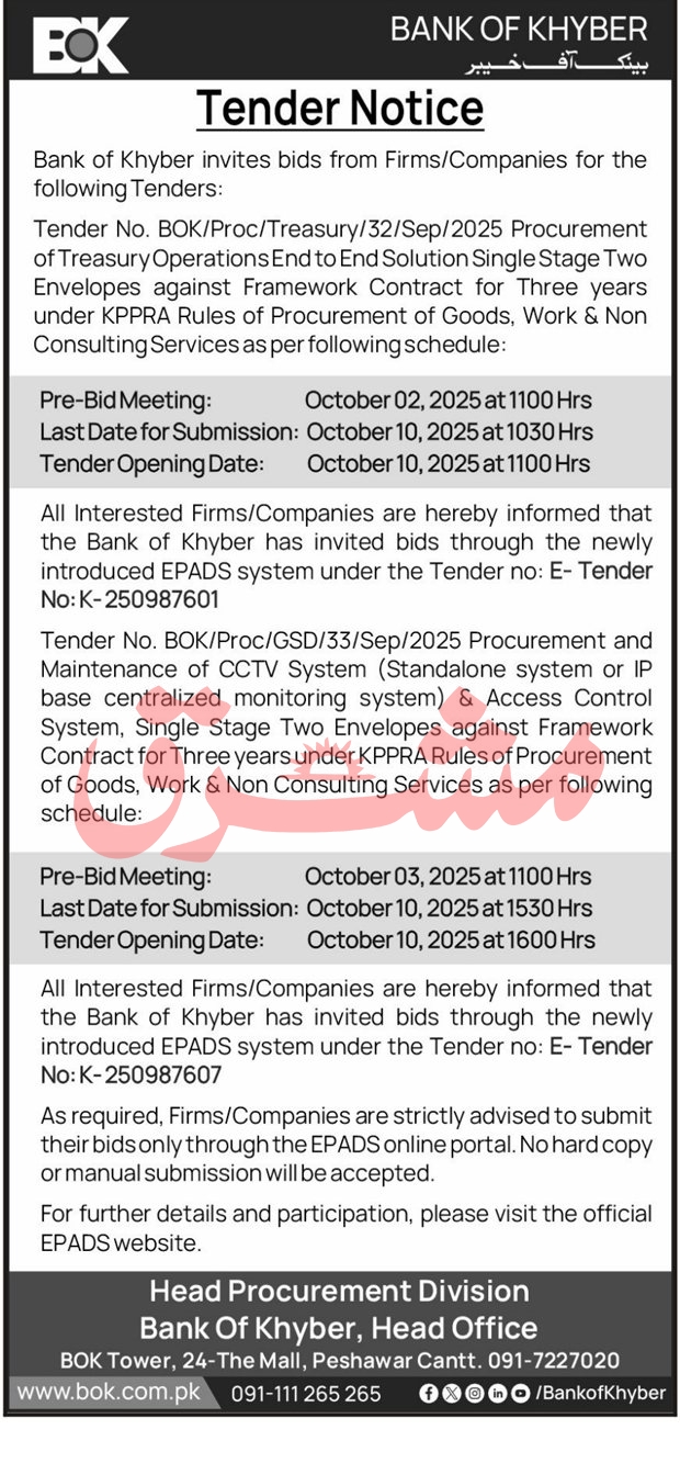 Bank of Khyber Tender Notice
